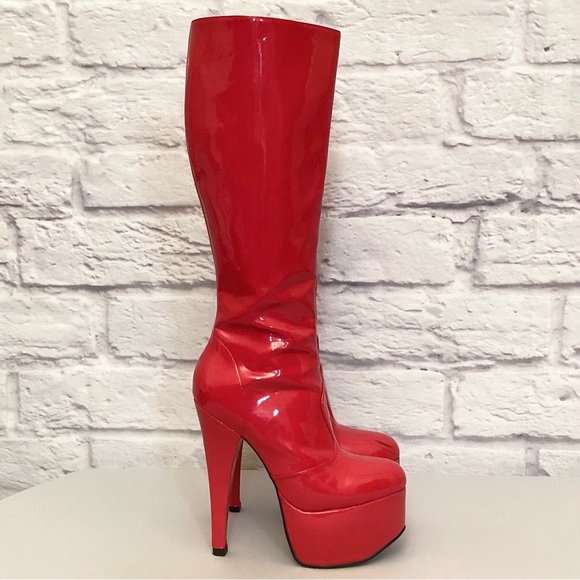 Stripper Boots 9 Pahrump NV Used Exotic Dancer Red Platform Tall Knee Jante - Picture 13 of 14